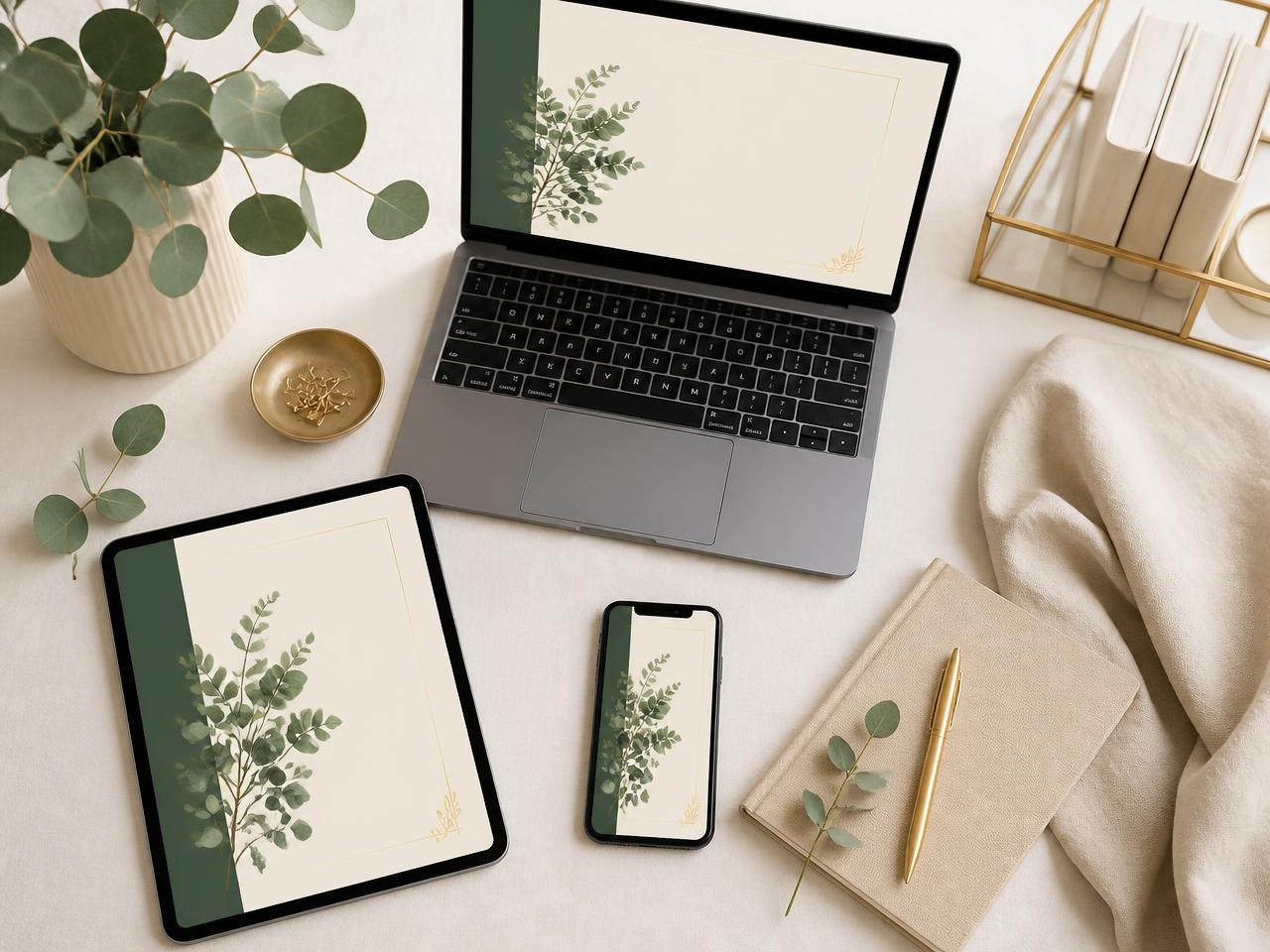 Notebook, tablet e celular exibindo capas de e-books em um ambiente de trabalho elegante