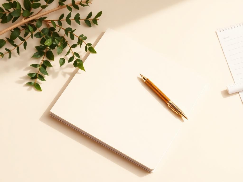 Mesa de trabalho com caderno, caneta dourada e folhagens